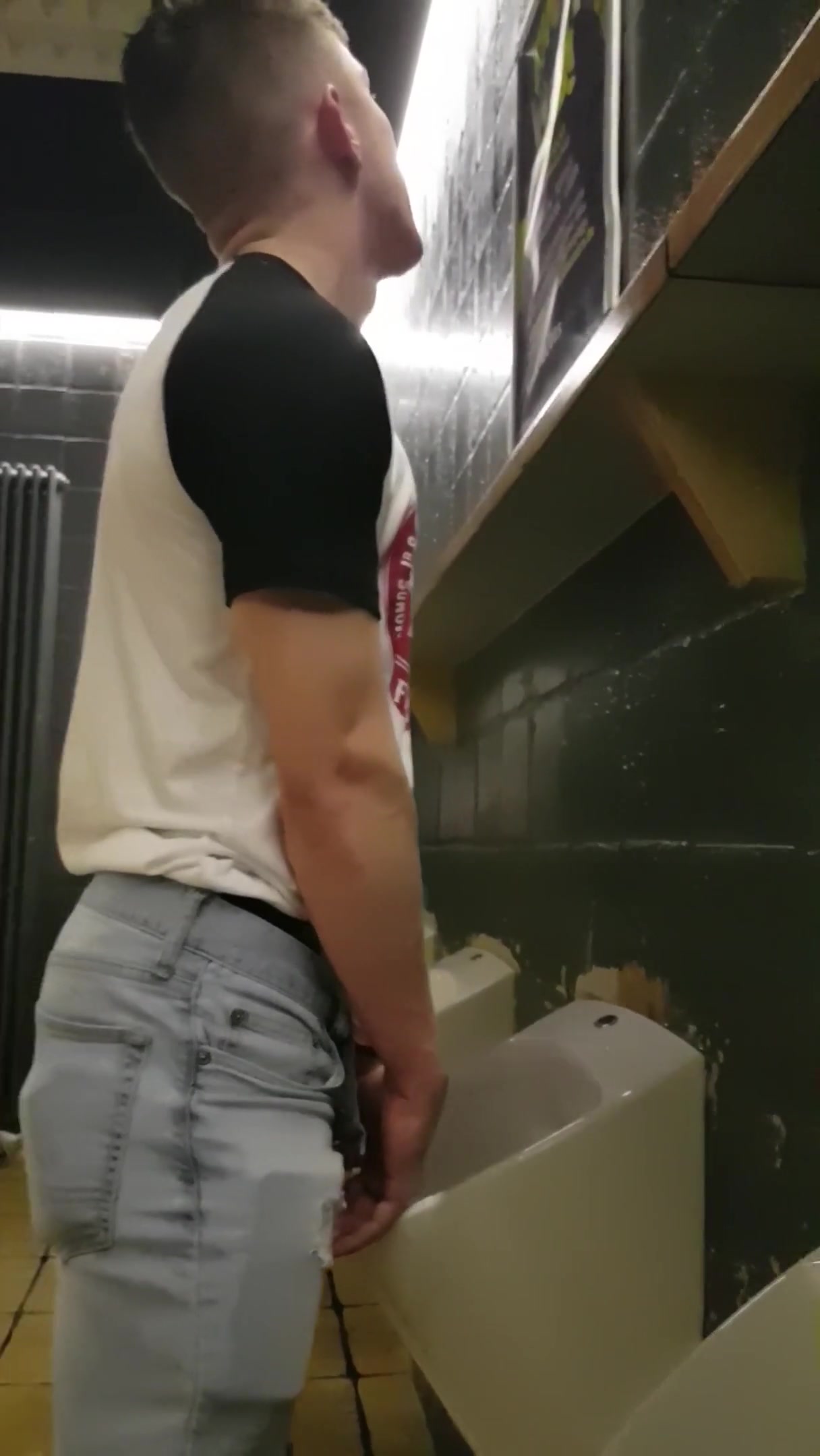 Urinal Spy Drunk fratboy pee w/ boner