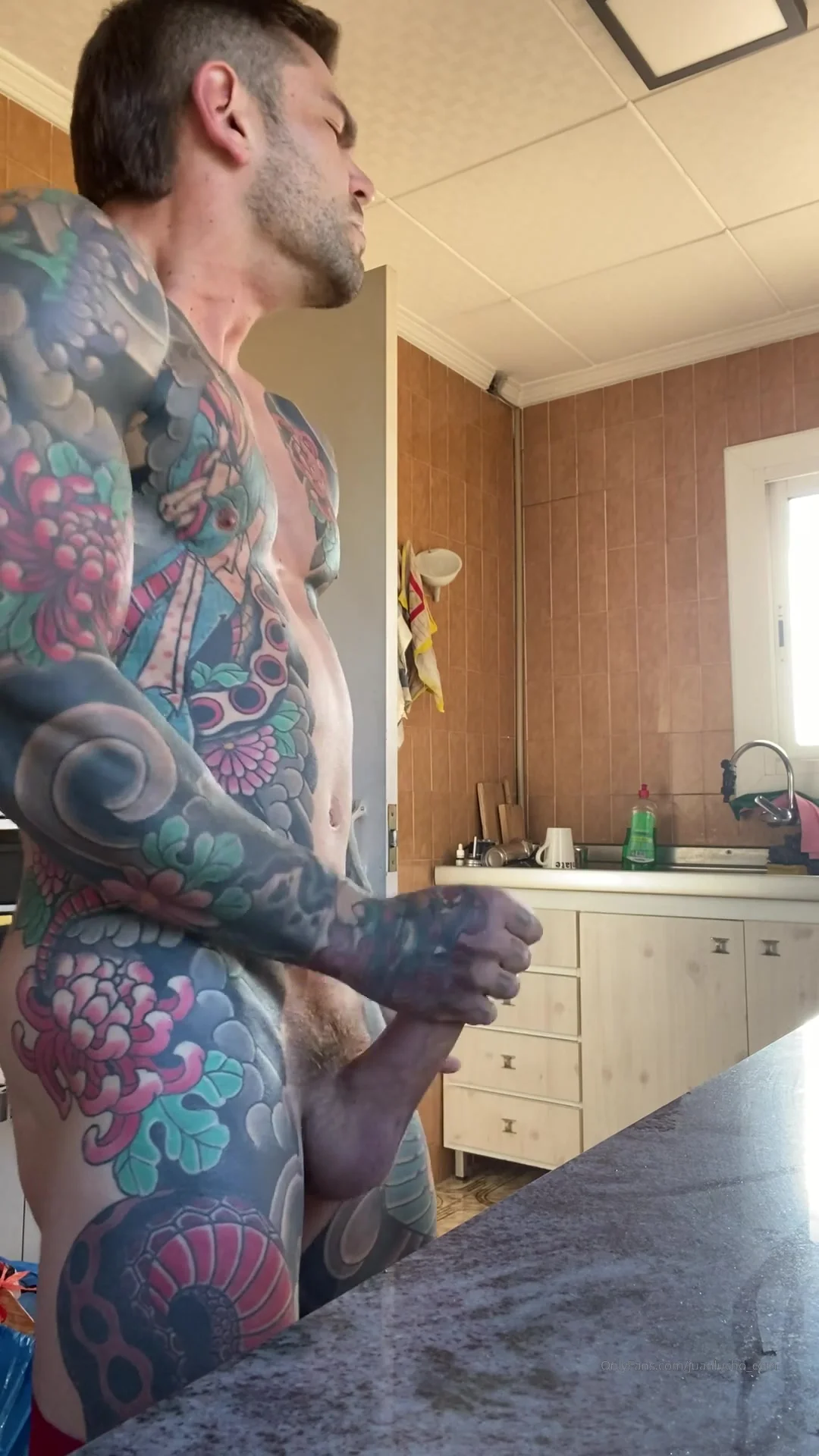 Tattooed teen amateur jerking cock