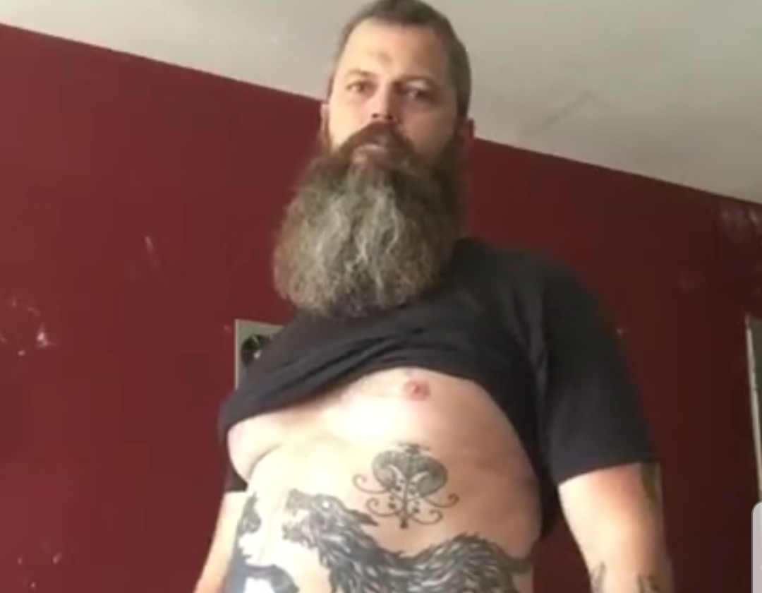 Tattooed beard dad strokes in the garage while the wife is asleep