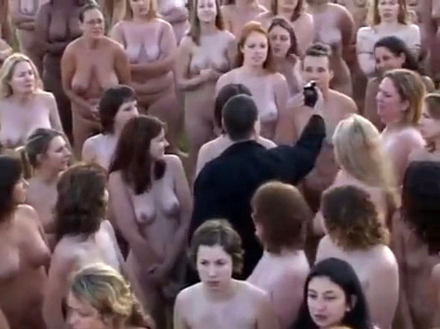 Huge nudist gathering of posing women