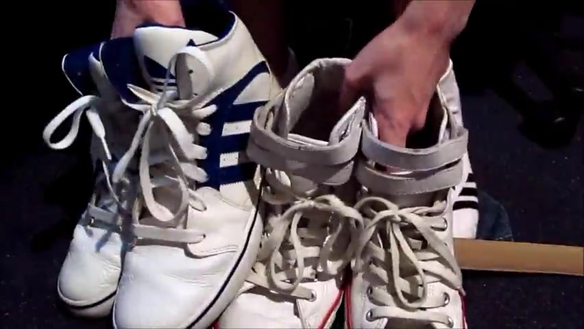 Shoeplay and cum on Adidas and Converse