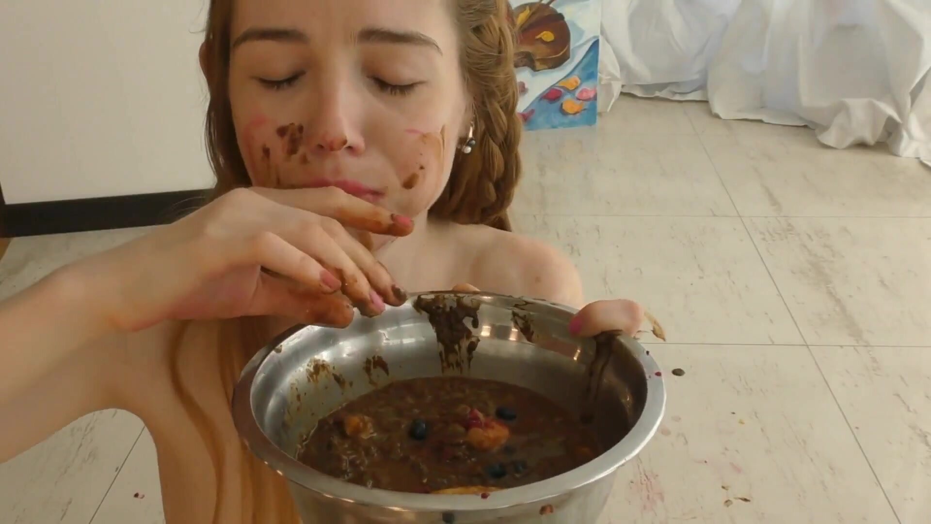 Russian slut eats shit with red fruits and banana picture