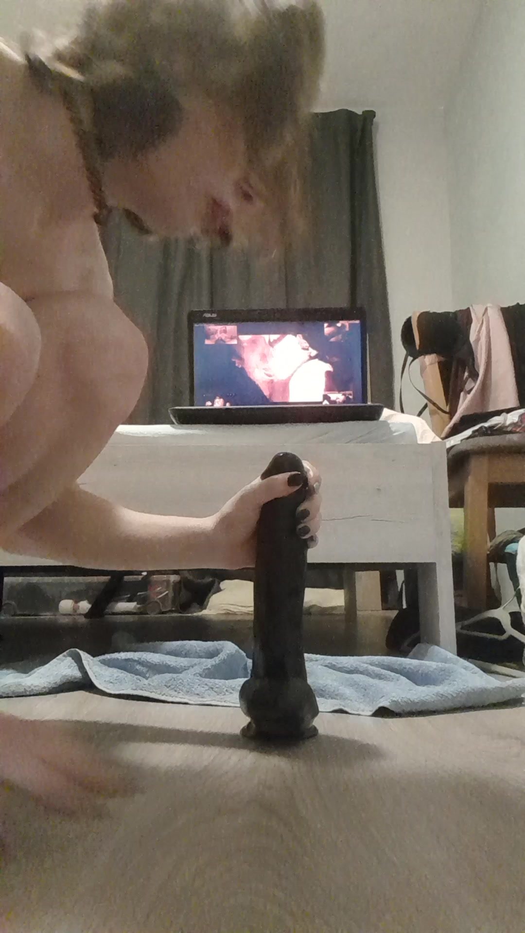 Femboy Lola watching hypno and riding BBC dildo picture image