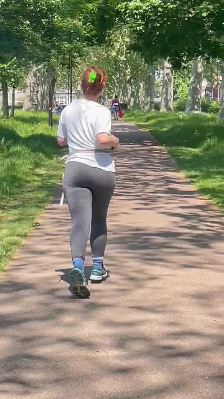 Juicy redhead pawg running in yoga pants picture