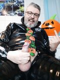 Halloween Uncut Dick Wank in full PVC Gear