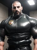 Muscular cop smoking and wearing leather