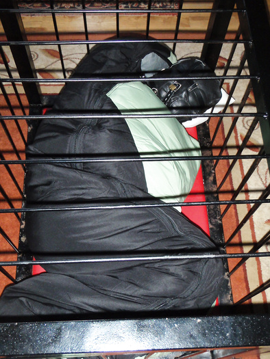 In a cage, in a sleepsack.