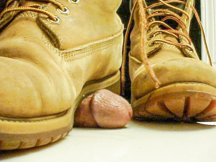 Crushing cock with Timberland work boots.