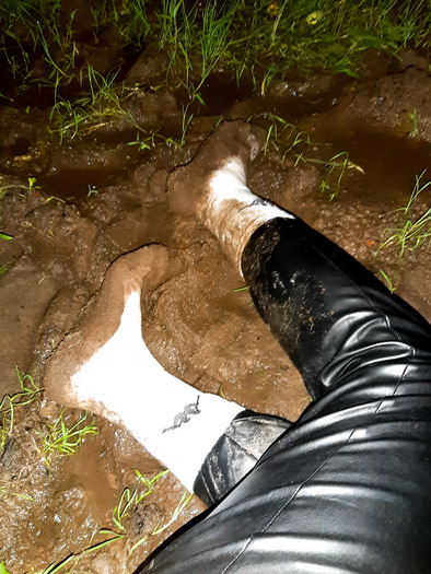 Mudding in black leather pants...