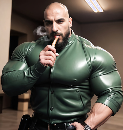 Muscular cop smoking and wearing leather