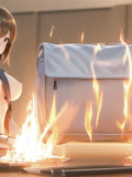 Swimsuit anime girls burning their bags and pencil case