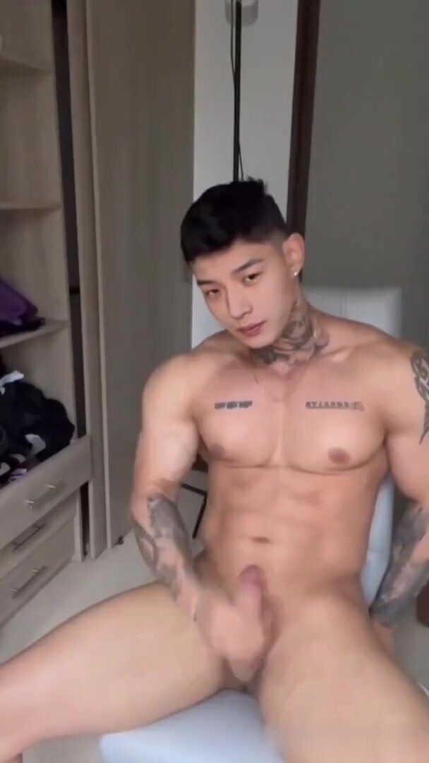 Horny Muscular Asian Guy Jerking Off
