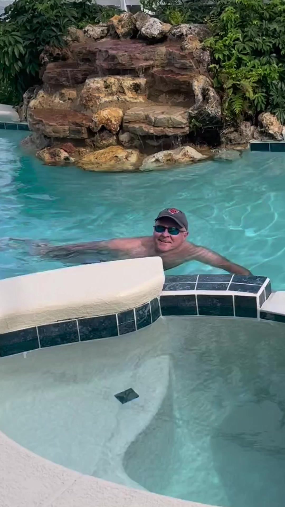 Mature man Skinny dips in his pool