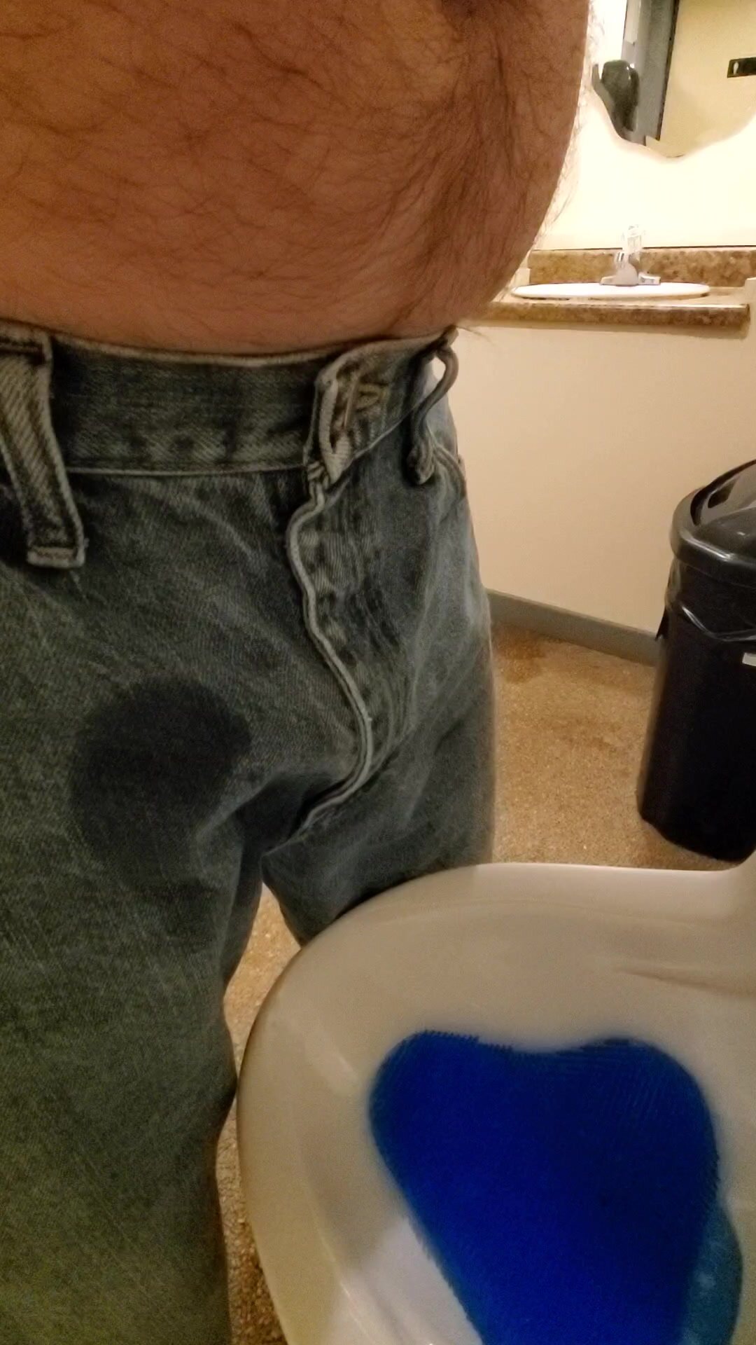 Soaked jeans in public camp restroom
