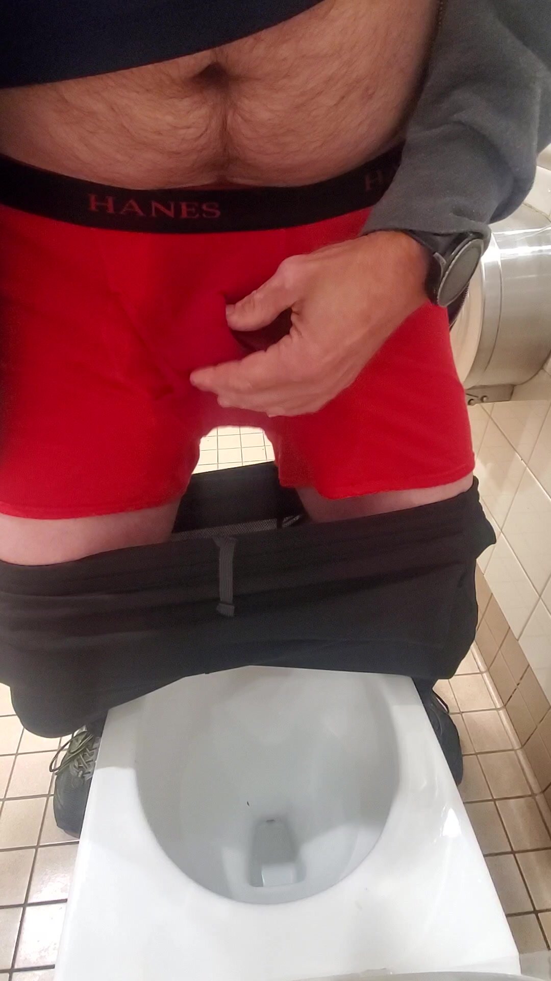 Wetting and cumming in my red hanes at public restroom