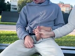 Helping hand leads to huge cum fountain outdoors