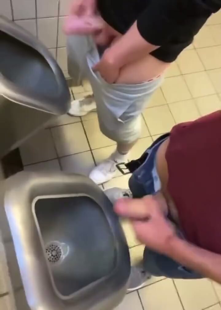 Two Friends Jack Off and Cum at the Bathroom Urinals