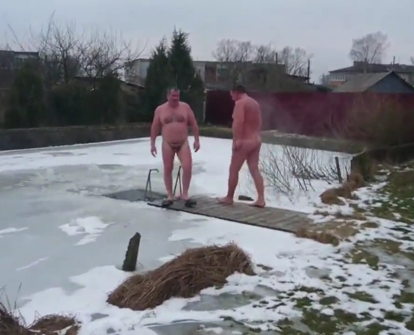 Mature men ice diving