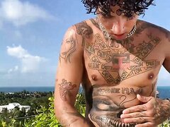 great tattoed boy cumming outside