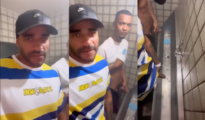 Two hot guys showing their cocks at urinals
