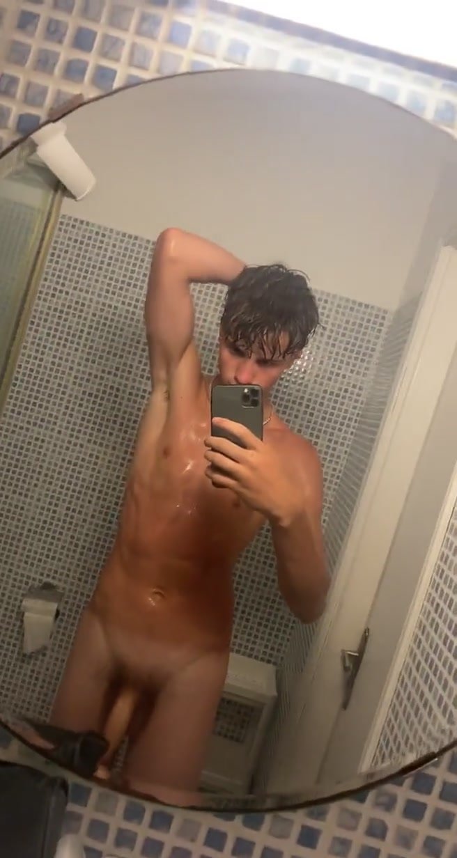 Cute lad with big uncut cock shows off after showering