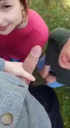 3 friends take turns sucking guys cock outdoors