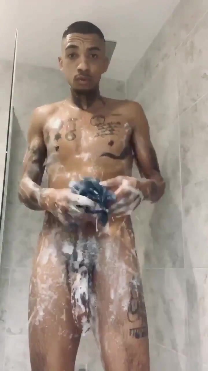 sexy dude with a big dick naked in the shower