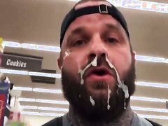 muscle fag walks around supermarket with facial