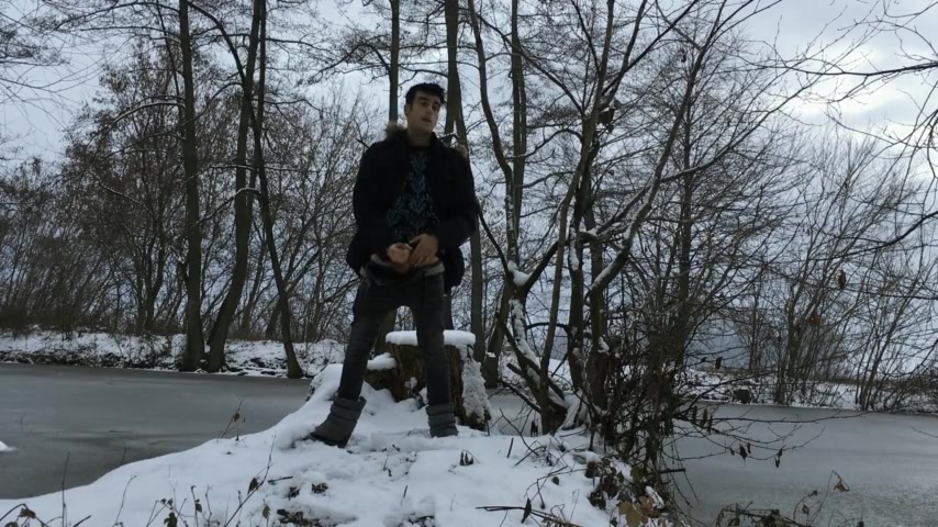 STROKING COCK NEAR FROZEN LAKE