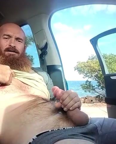 Str8 daddy jerks cock in car at beach and cums