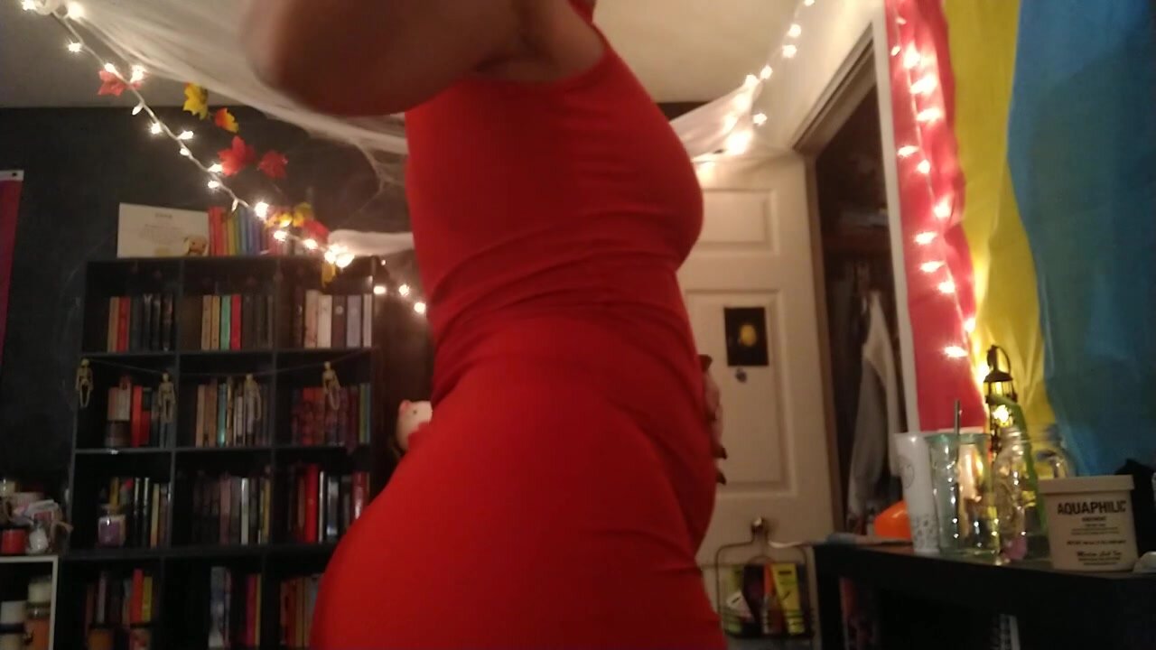 skinny stoner bloated in tight red dress
