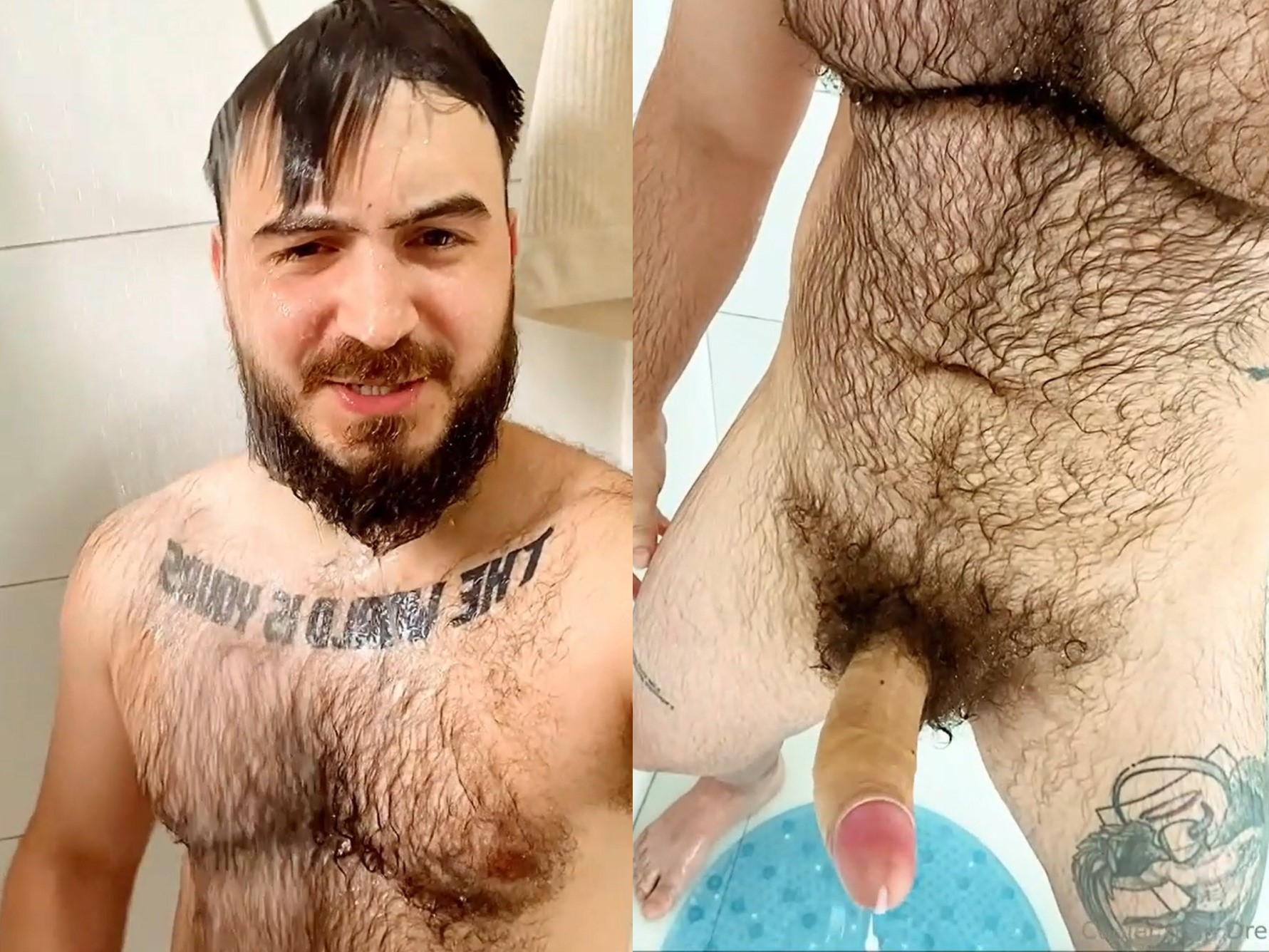 Brazilian chubby taking shower, wanking and cumming