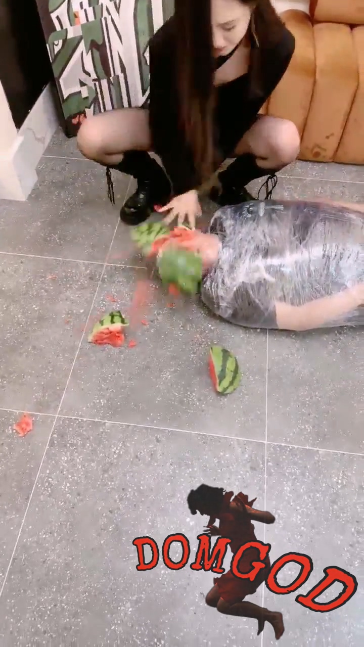 Very Cruel Mistress Smashes Watermelon On Slaves Head