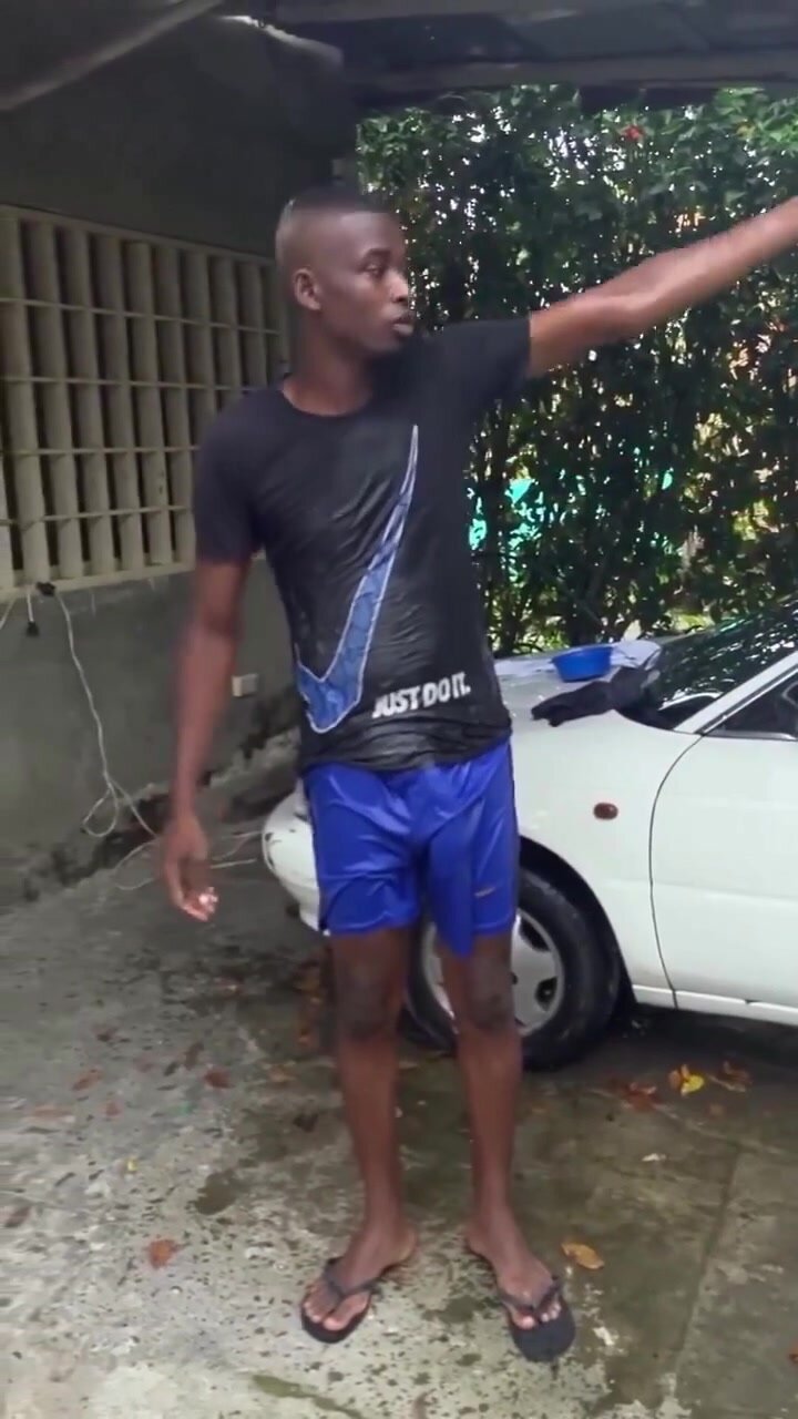 dude washes car with monster bulge in shorts
