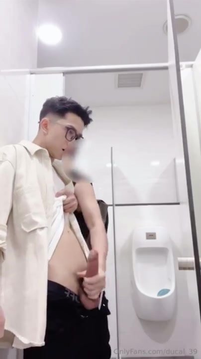 Asian twink cum in public bathroom 6
