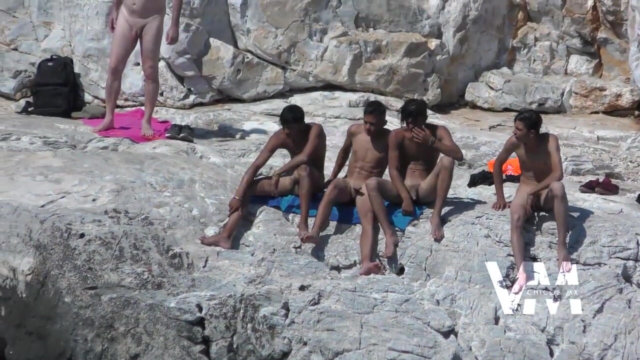 Boys excitados na praia do nudismo