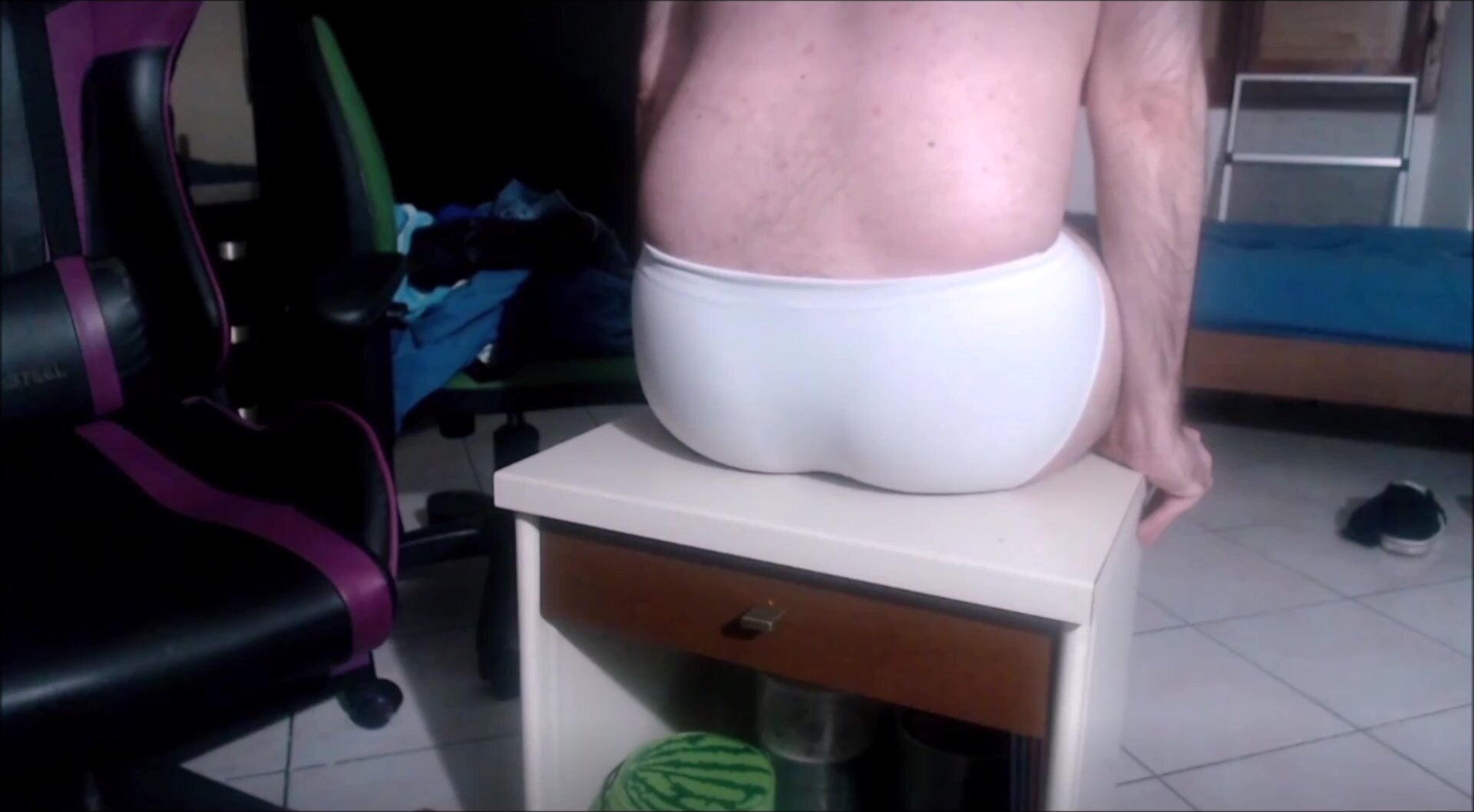 Fart on BedsideTable in White Undies, Bareass and Jeans