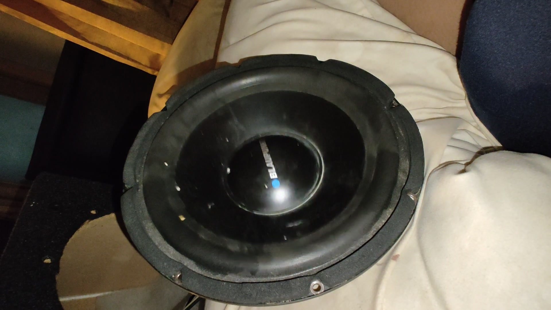 Dirty subwoofer staring at my sweaty buldge