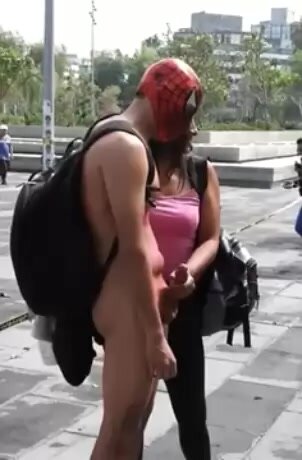 Spiderman getting a handjob and cumming in public