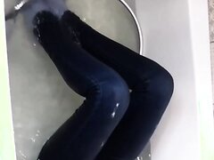blue jeans socks in bathtub wetlook