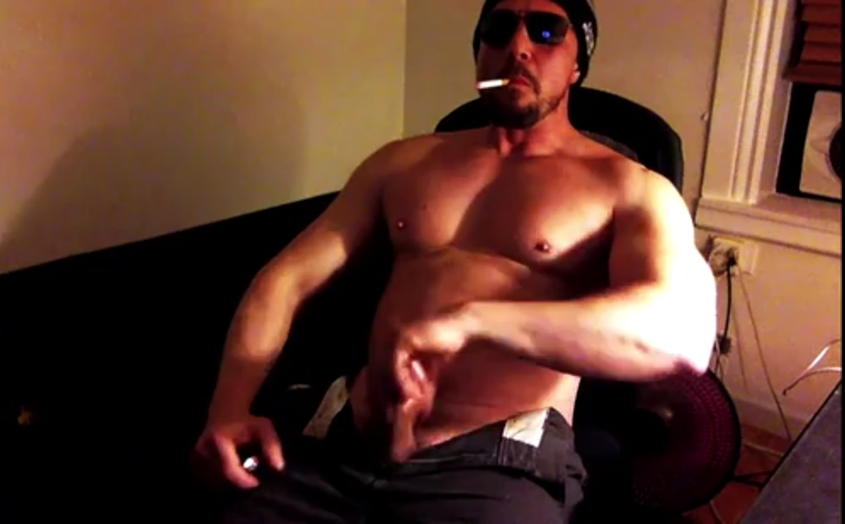 Tough Guy Smoking shirtless and Playing With His Cock