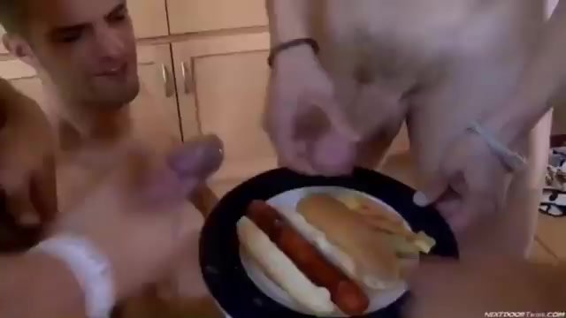 3 guys cum on a hotdog and one eats it