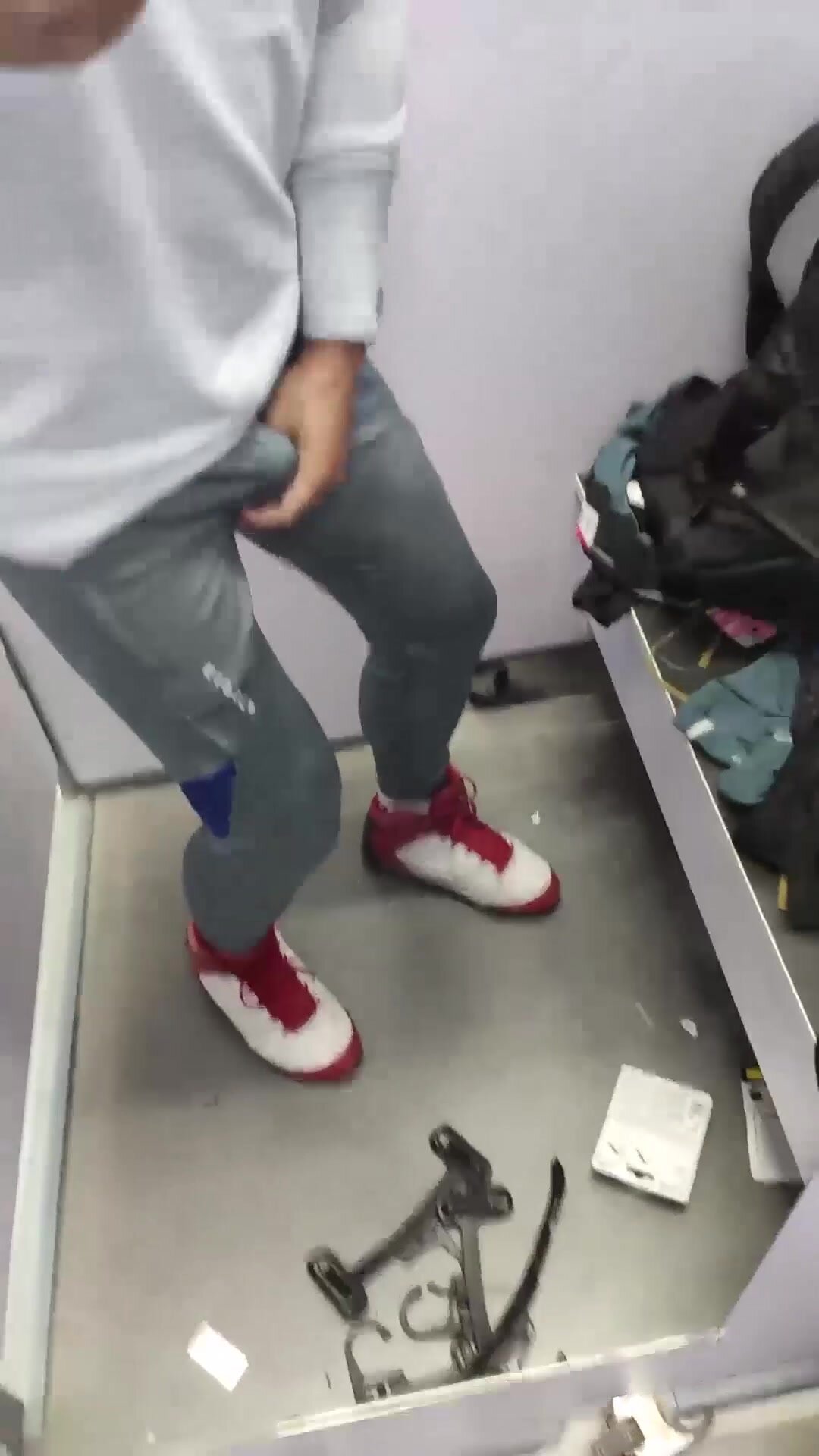 Cum with new football trackies in fitting room