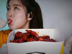 Asian girl digestion sound after eating chicken