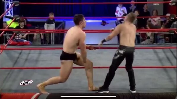 Wrestler is defeated when he is kicked in the balls