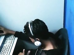 Young man jerks and eat his cum at internet cafe