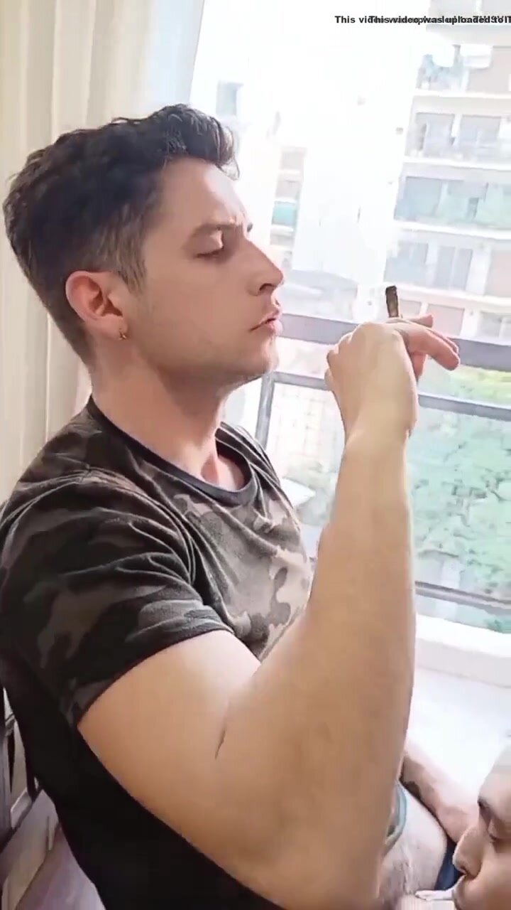 handsome white guy smokes and gets blowjob