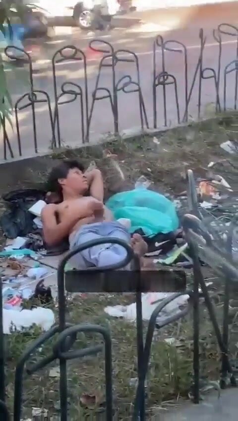 sexy homeless caught beating off in public