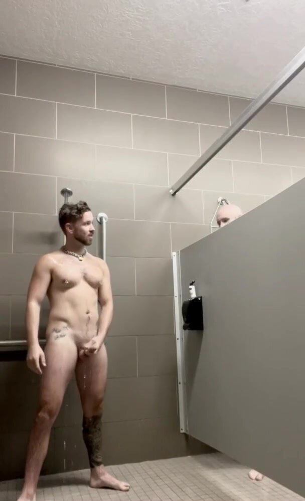 "SO HOT WHEN ANOTHER JOINS YOU IN A GYM SHOWER JACK OFF