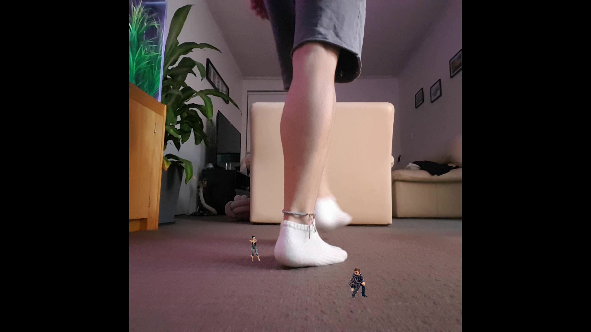 giant boy crushes tiny people with white ankle socks